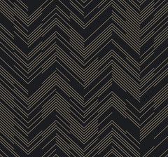 Polished Chevron Wallpaper by York Wallcoverings features a black background adorned with thin, gold chevron-shaped lines in a repeating zigzag pattern, creating a modern and geometric abstract design.