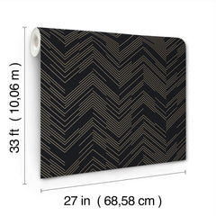 The Polished Chevron Wallpaper by York Wallcoverings features a black background with gold chevron lines and comes in a roll measuring 33 ft (10.06 m) long by 27 in (68.58 cm) wide.