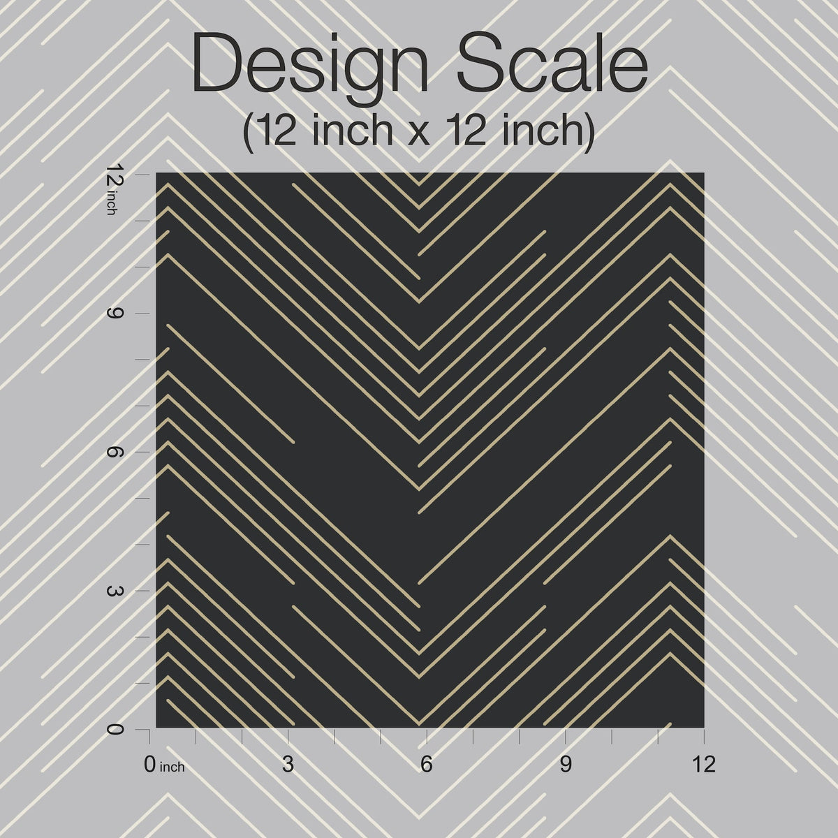 Featuring a square black design with thin, gold, chevron-like diagonal lines, the York Wallcoverings Polished Chevron Wallpaper displays a gray background accented with a lighter chevron line pattern. The sample measures 12x12 inches and includes axis labels showing inch measurements.