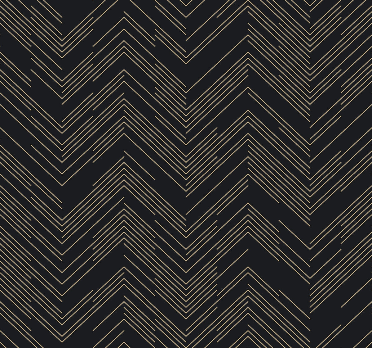 The Polished Chevron Wallpaper by York Wallcoverings features a repeating pattern of thin gold lines forming V-shaped chevrons on a sleek black background, creating a bold zigzag geometric design throughout.
