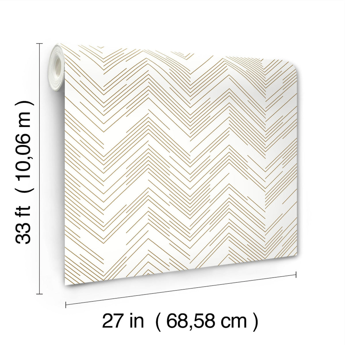 The Polished Chevron Wallpaper by York Wallcoverings is a rolled sheet of white wallpaper adorned with gold chevron lines, measuring 33 feet (10.06 m) in length and 27 inches (68.58 cm) in width.