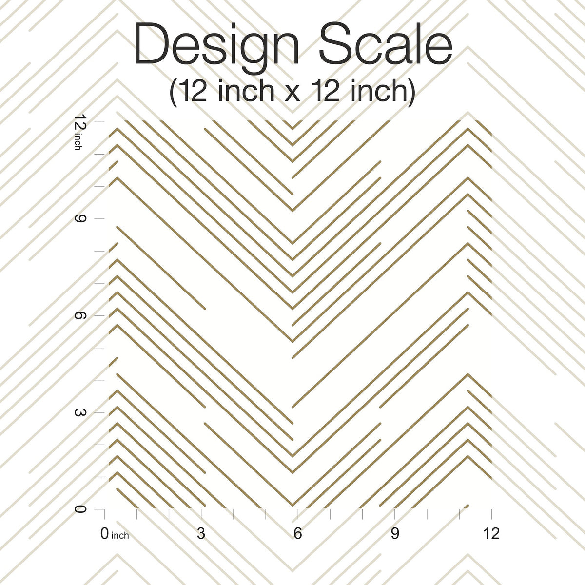 Polished Chevron Wallpaper by York Wallcoverings features a chevron pattern of brown lines on a white background. A ruler scale along the left and bottom edges marks inches from 0 to 12, with “Design Scale (12 inch x 12 inch)” indicated at the top.