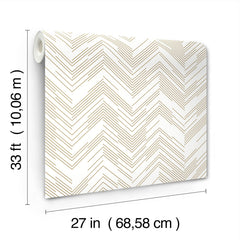 The Polished Chevron Wallpaper by York Wallcoverings features gold zigzag lines on white and comes in rolls measuring 33 feet (10.06 m) long and 27 inches (68.58 cm) wide.