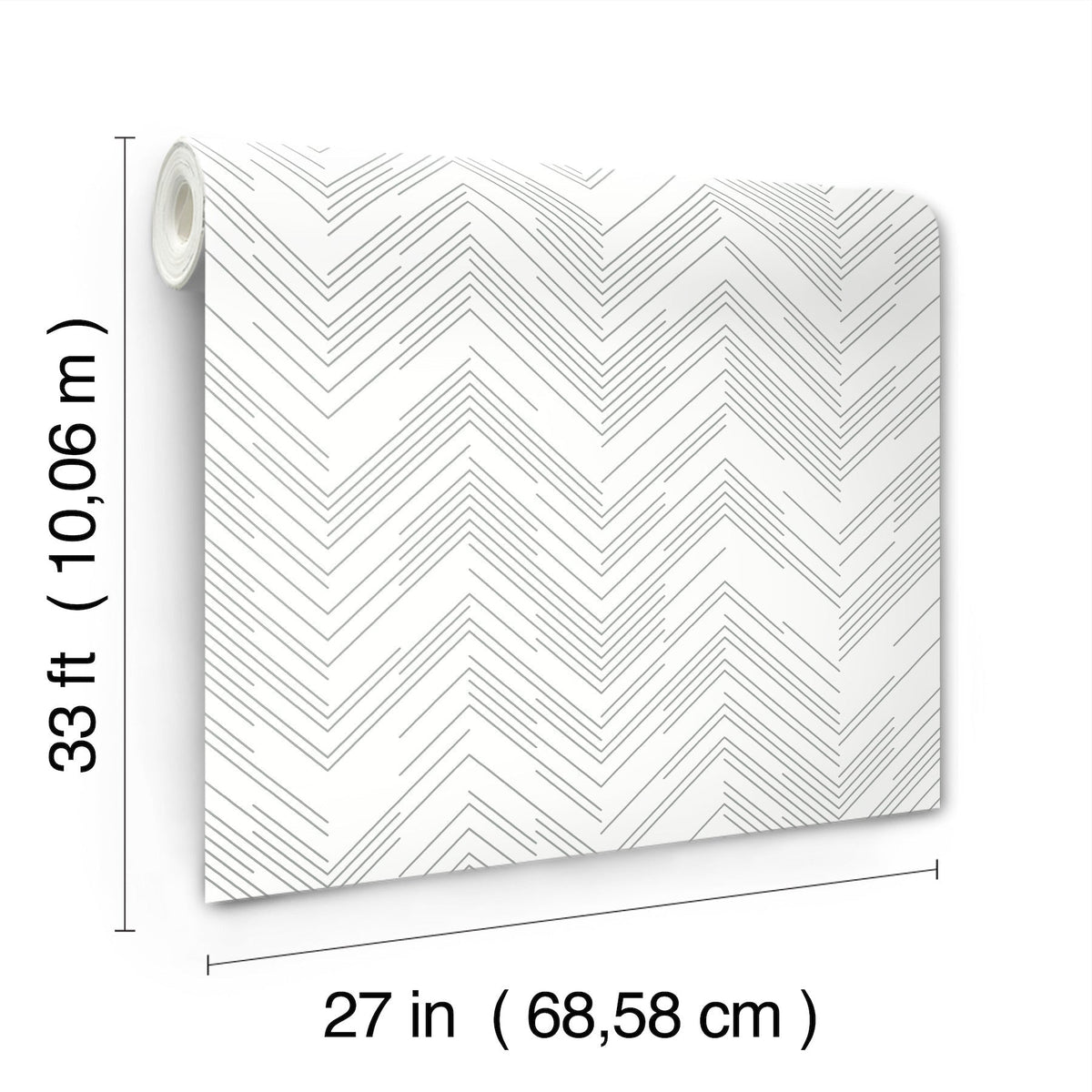 The Polished Chevron Wallpaper by York Wallcoverings features a white background with a subtle gray chevron pattern and comes in a roll measuring 33 feet (10.06 m) long by 27 inches (68.58 cm) wide.