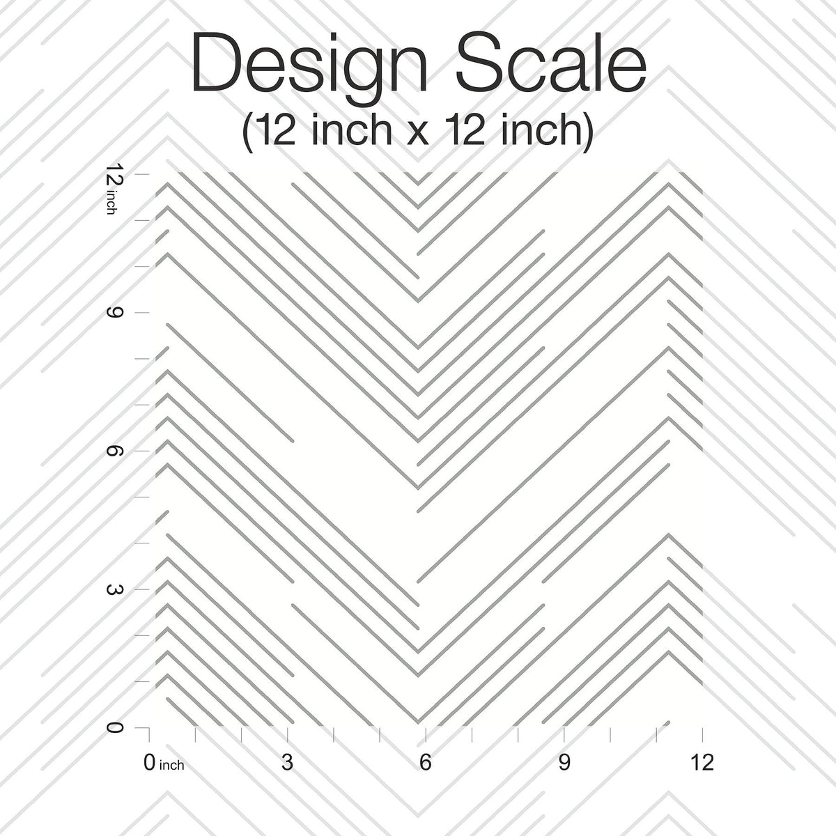 Diagonal, thin black lines create chevron patterns on a white background in the York Wallcoverings Polished Chevron Wallpaper. The design sample is displayed at Design Scale (12 inch x 12 inch) and features numbered rulers along the left and bottom edges for measurement.