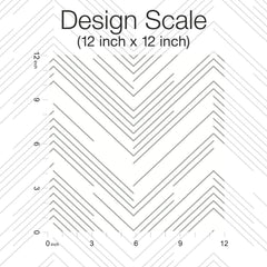 Diagonal, thin black lines create chevron patterns on a white background in the York Wallcoverings Polished Chevron Wallpaper. The design sample is displayed at Design Scale (12 inch x 12 inch) and features numbered rulers along the left and bottom edges for measurement.