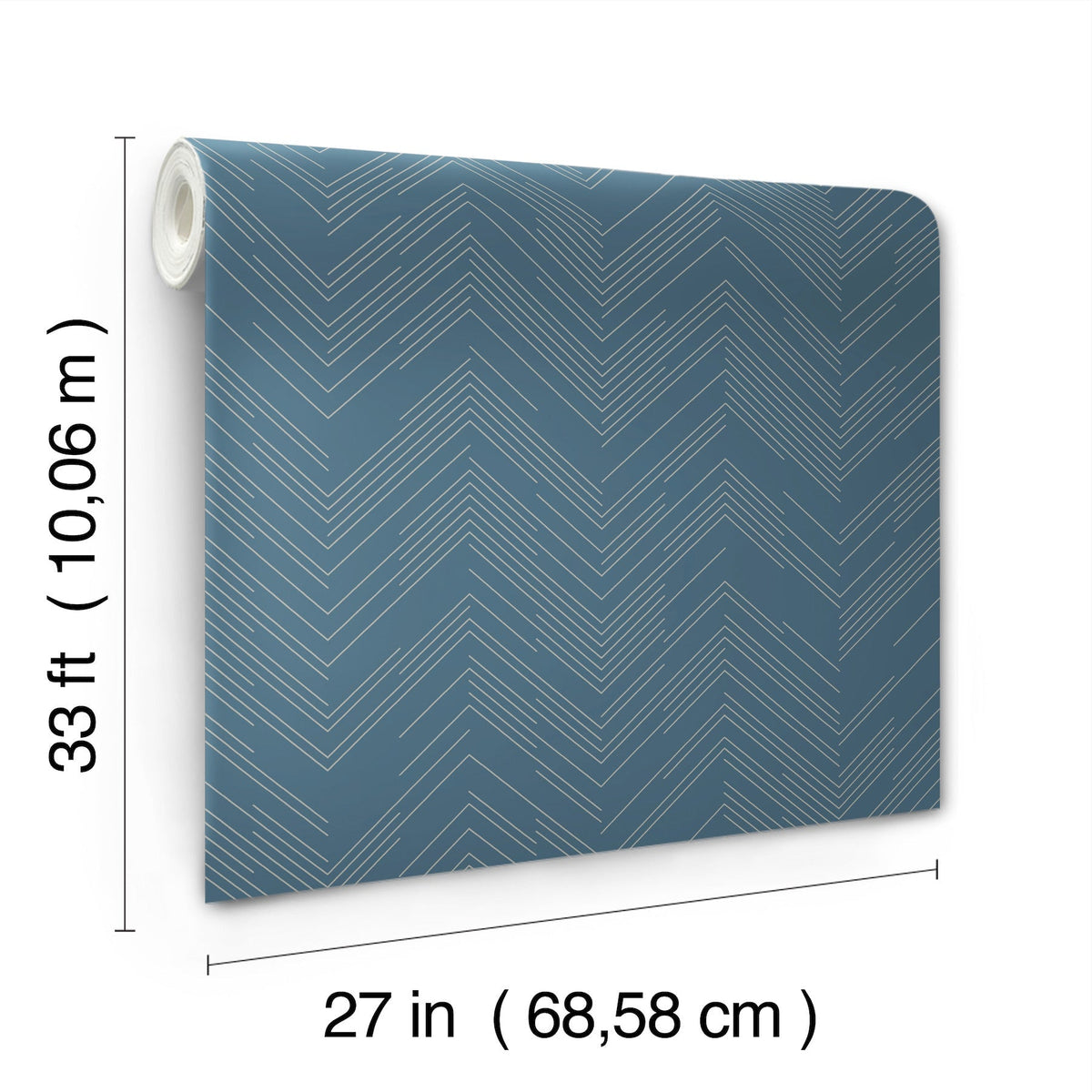 York Wallcoverings’ Polished Chevron Wallpaper features a blue and white chevron pattern and comes in a roll measuring 33 feet (10.06 meters) long by 27 inches (68.58 cm) wide.