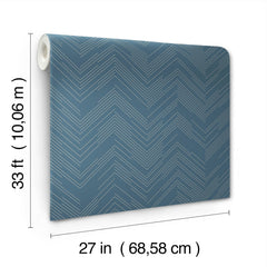 York Wallcoverings’ Polished Chevron Wallpaper features a blue and white chevron pattern and comes in a roll measuring 33 feet (10.06 meters) long by 27 inches (68.58 cm) wide.