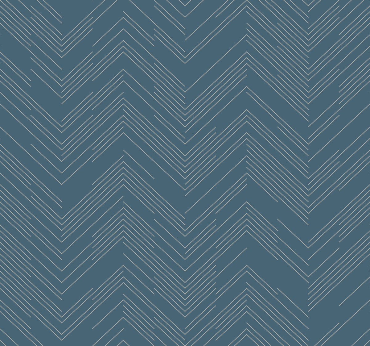 Polished Chevron Wallpaper by York Wallcoverings features a blue background with thin, white, angled lines that form repeating V-shaped zigzags, creating a visually dynamic and geometric chevron pattern across the entire design.