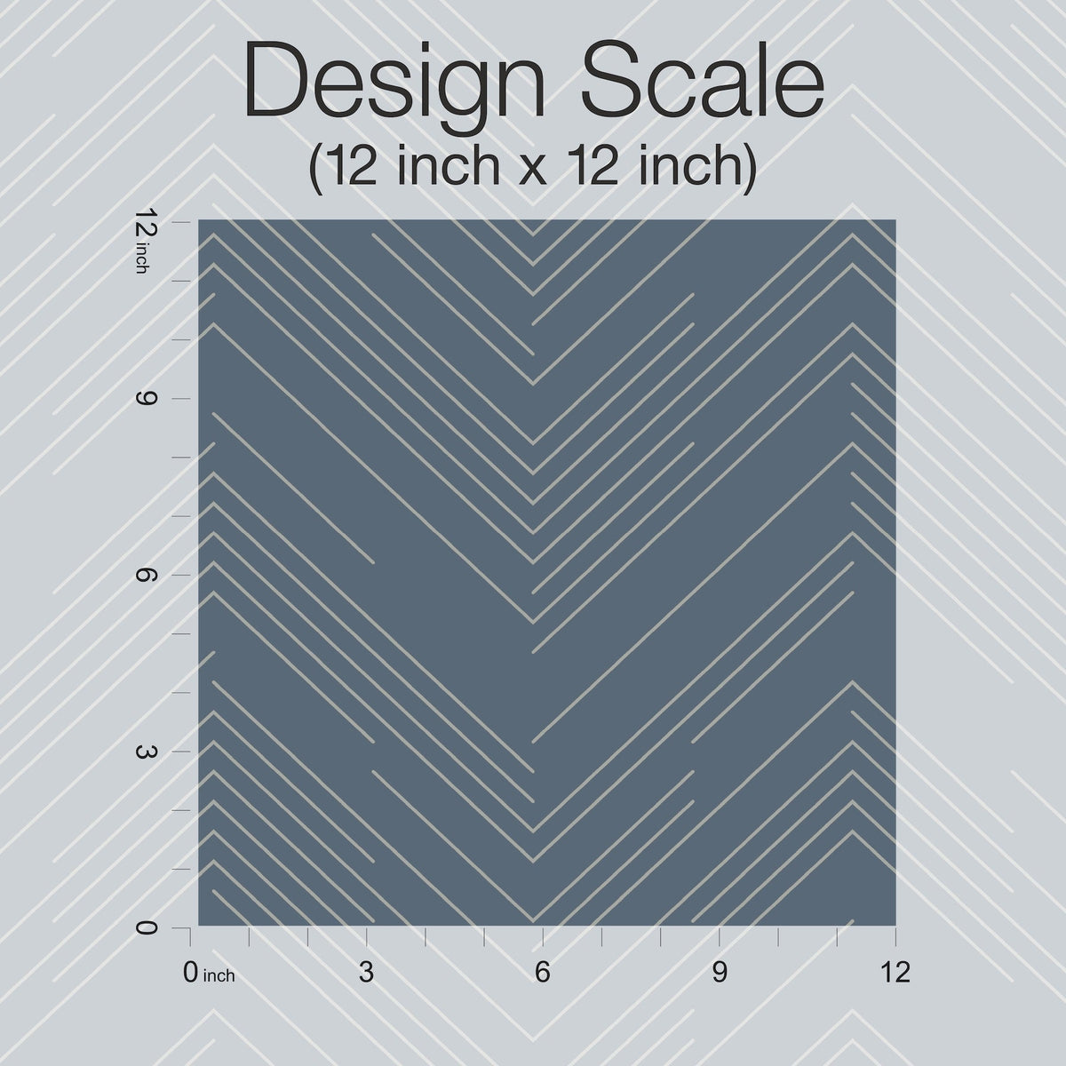 The Polished Chevron Wallpaper by York Wallcoverings features a 12x12 inch square sample with a dark background and light diagonal lines forming chevron patterns, overlaid with a scale and labeled “Design Scale (12 inch x 12 inch).”.