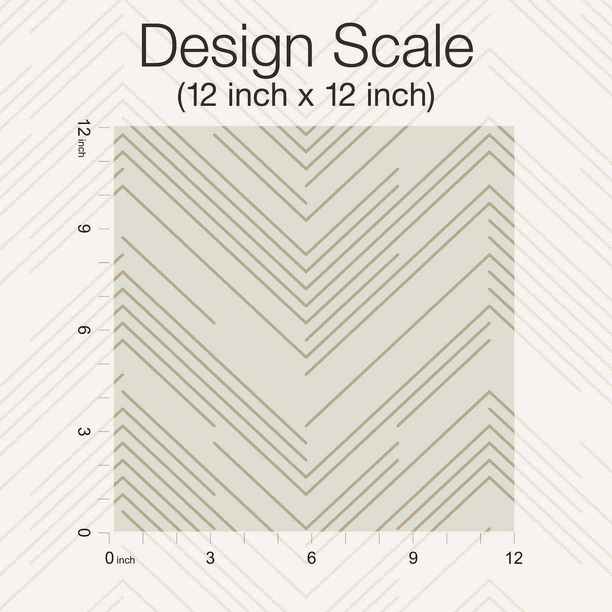 A 12x12 inch square sample of York Wallcoverings’ Polished Chevron Wallpaper, featuring a repeating chevron line pattern on a light background, marked “Design Scale (12 inch x 12 inch)” with inch rulers along the left and bottom edges.