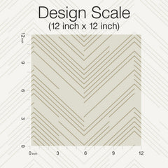 A 12x12 inch square sample of York Wallcoverings’ Polished Chevron Wallpaper, featuring a repeating chevron line pattern on a light background, marked “Design Scale (12 inch x 12 inch)” with inch rulers along the left and bottom edges.