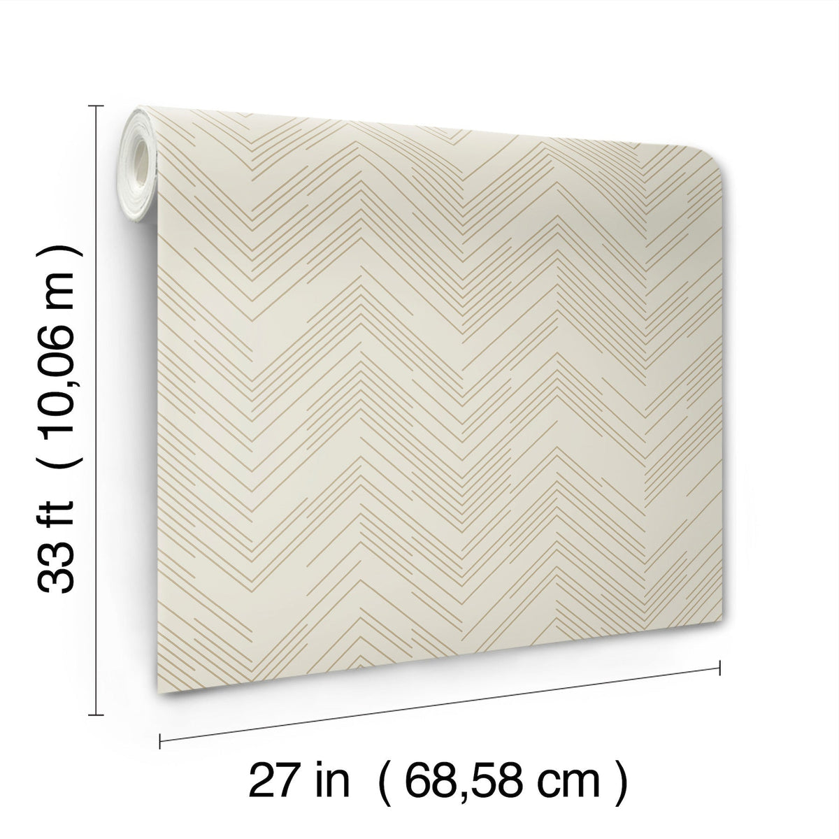 Polished Chevron Wallpaper by York Wallcoverings features a beige chevron pattern on a cream background. Each roll measures 33 ft (10.06 m) in length and 27 in (68.58 cm) in width, as labeled on the image.