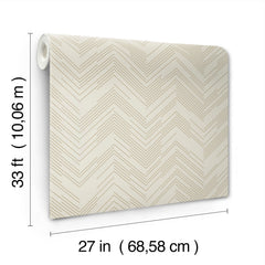 A partially unrolled roll of Polished Chevron Wallpaper by York Wallcoverings features a subtle chevron pattern in cream. Dimensions are marked: 33 feet (10.06 meters) in length and 27 inches (68.58 cm) in width.