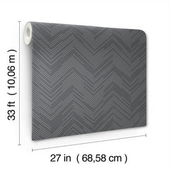 Here’s your rewritten sentence using the product data: A roll of Polished Chevron Wallpaper by York Wallcoverings, featuring a gray chevron pattern, measuring 33 feet (10.06 meters) long and 27 inches (68.58 centimeters) wide.