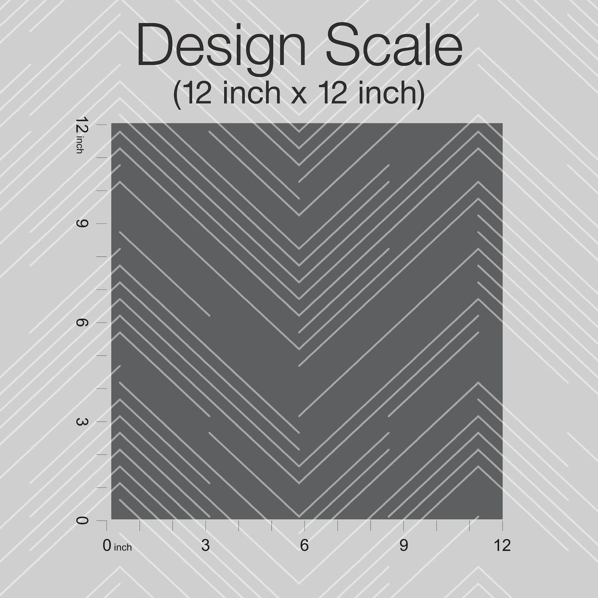 A 12 inch x 12 inch gray square featuring white chevron lines, representing the York Wallcoverings Polished Chevron Wallpaper, is displayed centered on a patterned background. Inch rulers run along the top and left edges, accompanied by text reading “Design Scale (12 inch x 12 inch).”.