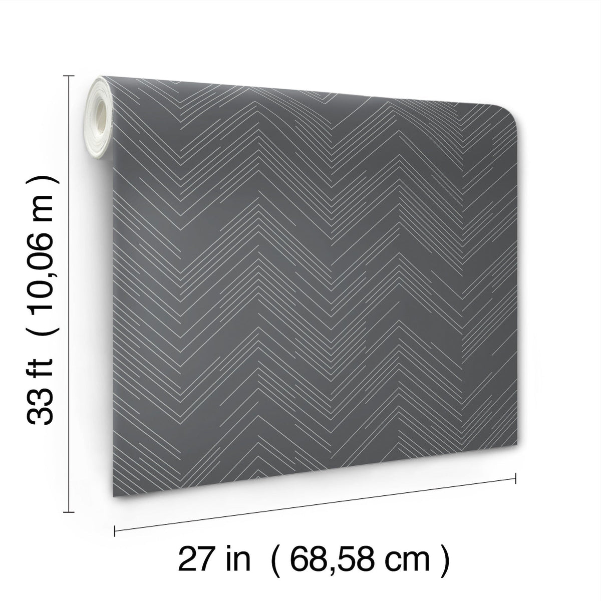 The Polished Chevron Wallpaper by York Wallcoverings features a gray background with a white chevron pattern and comes in a roll measuring 33 feet (10.06 meters) long by 27 inches (68.58 centimeters) wide.