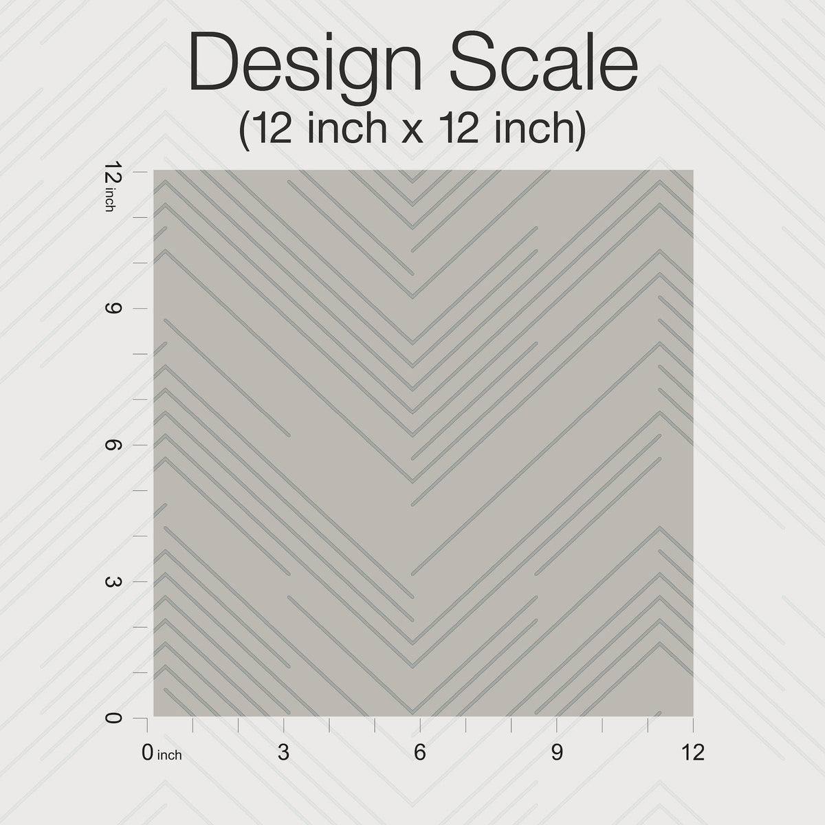 A 12x12 inch square showing York Wallcoverings’ Polished Chevron Wallpaper in a gray chevron line pattern. The axes are labeled in inches from 0 to 12, with the text “Design Scale (12 inch x 12 inch)” above.