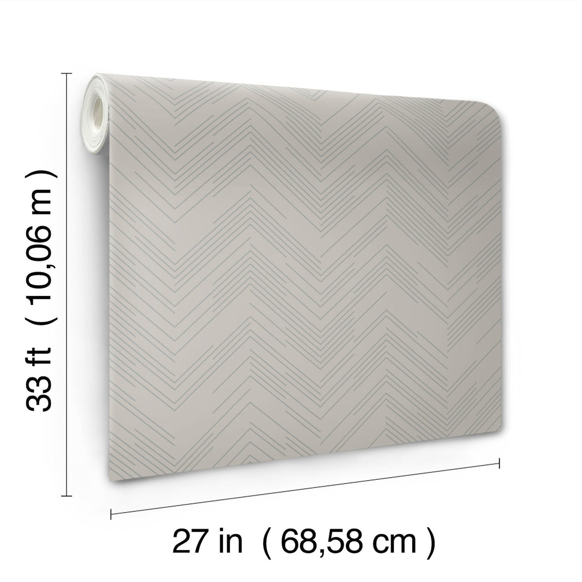 The Polished Chevron Wallpaper by York Wallcoverings features a subtle chevron pattern and comes in rolls measuring 33 feet (10.06 meters) long and 27 inches (68.58 cm) wide.