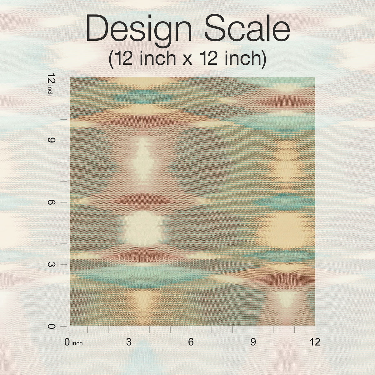 A 12x12 inch square sample of York Wallcoverings’ Sunrise Flame Wallpaper, featuring an abstract, multicolor textile pattern. A ruler along the top and left edges displays inch measurements, with text reading “Design Scale (12 inch x 12 inch).”.