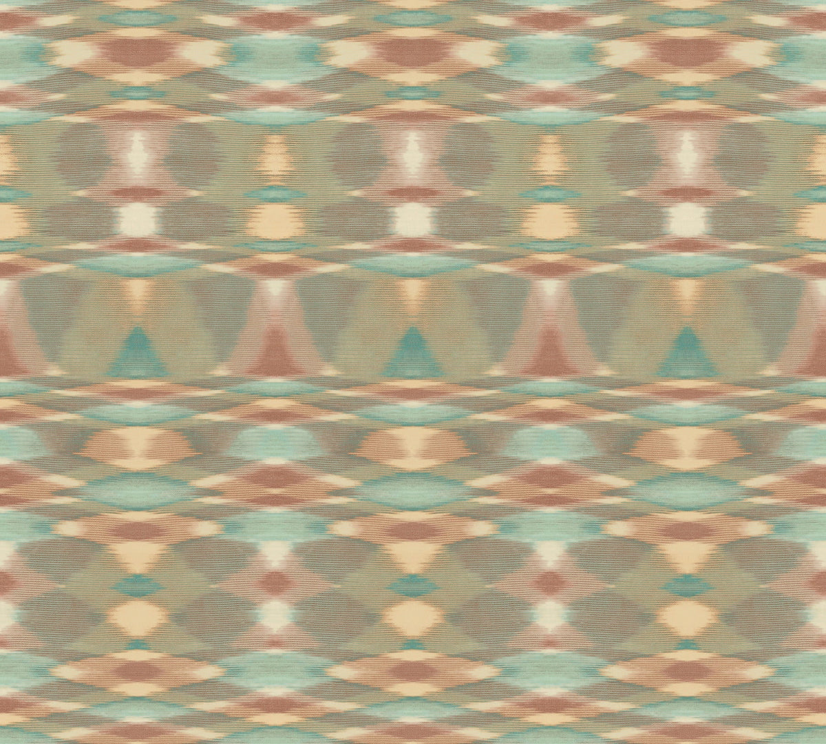 The Sunrise Flame Wallpaper by York Wallcoverings features a geometric pattern with repeating diamond and oval shapes in muted shades of brown, teal, and beige, creating a symmetrical, retro-inspired abstract design with a textured woven look.
