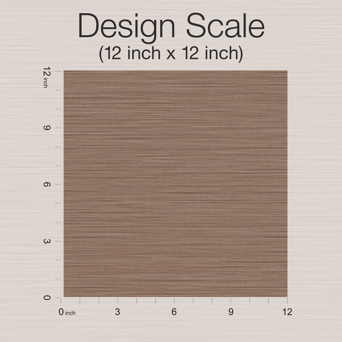 A brown wood-textured square with horizontal lines, labeled as Cannete Wallpaper by York Wallcoverings, is shown with rulers on the top and left sides indicating a 12 inch x 12 inch design scale.