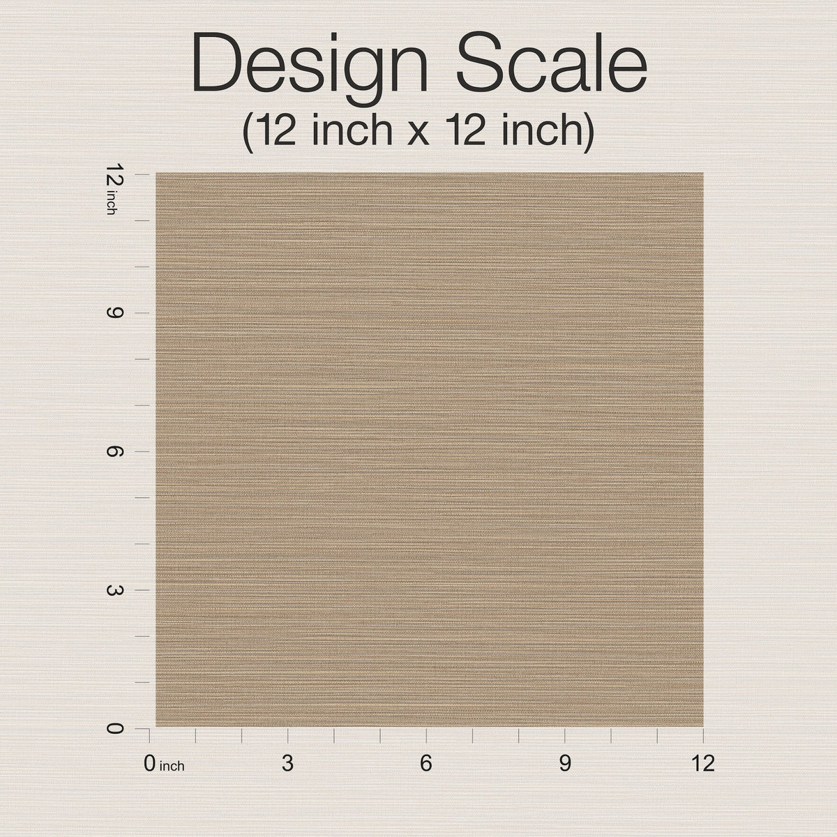 A tan square textured sample of Cannete Wallpaper by York Wallcoverings is shown with rulers along the top and left sides, marked from 0 to 12 inches. Text above reads: Design Scale (12 inch x 12 inch).