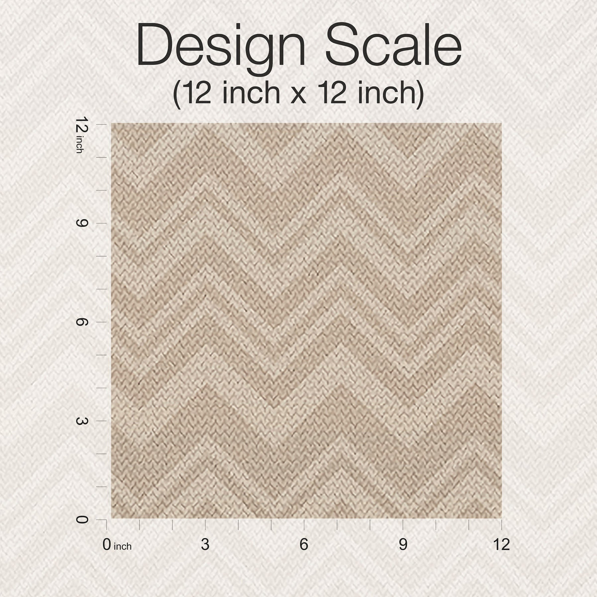 Square swatch of Iconic Shades Wallpaper by York Wallcoverings in a light brown herringbone pattern, displayed with a ruler scale along the top and left side, labeled Design Scale (12 inch x 12 inch) on a textured light background.