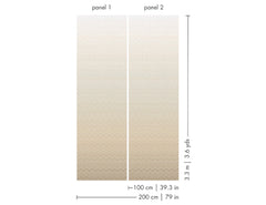 Two rectangular Iconic Shades Wallpaper panels from York Wallcoverings, featuring a zigzag pattern and labeled panel 1 and panel 2. Each panel measures 100 cm (39.3 in) wide by 3.3 m (3.6 yds) tall, spanning a total width of 200 cm (79 in) when placed together.