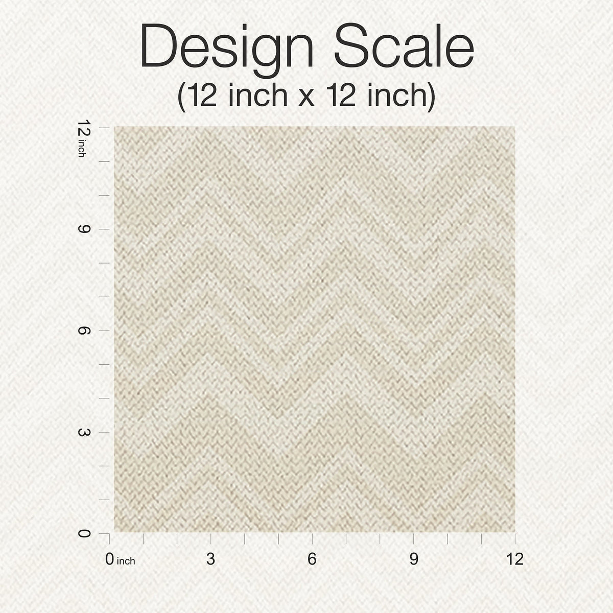 A 12 inch by 12 inch square sample of the Iconic Shades Wallpaper by York Wallcoverings is shown in a beige chevron knit pattern, with rulers on the left and bottom sides displaying inch measurements. The text “Design Scale (12 inch x 12 inch)” appears above.