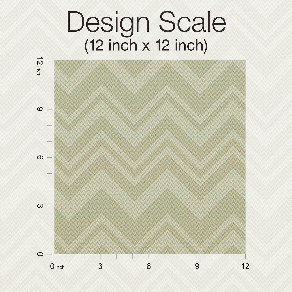 Here’s the revised sentence using your product data: A 12x12 inch square of York Wallcoverings’ Iconic Shades Wallpaper displays a light green chevron knit pattern, with inch markings labeled on the left and bottom edges. Above the square, “Design Scale (12 inch x 12 inch)” is written.
