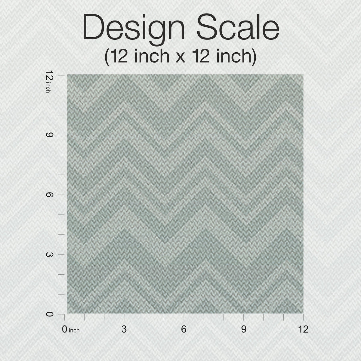 A 12x12 inch square displays a pale green zigzag pattern from the Iconic Shades Wallpaper collection by York Wallcoverings, with inch rulers on the left and bottom. “Design Scale (12 inch x 12 inch)” is written above the square.