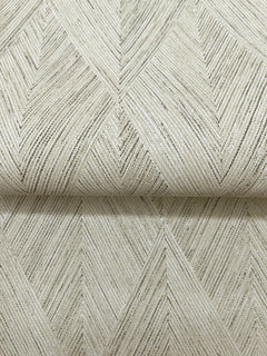 Magnolia Home Challenger Wallpaper featuring a light beige geometric chevron pattern created by thin, dark vertical lines.