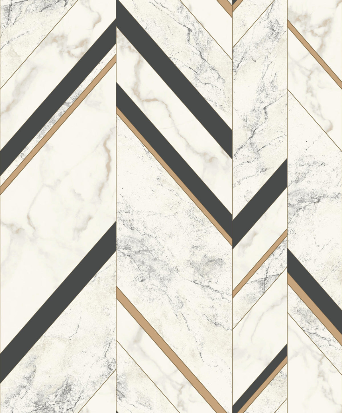 Marble Chevron Wallpaper featuring a marble pattern arranged in a chevron design with alternating diagonal black and gold stripes.