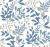 Transform your space with the Eden Retreat Wallpaper by York Wallcoverings, featuring a seamless pattern of blue and teal leafy branches accented with beige pods and flowers on a crisp white background. This delicate botanical design creates an elegant, nature-inspired aesthetic for any room.