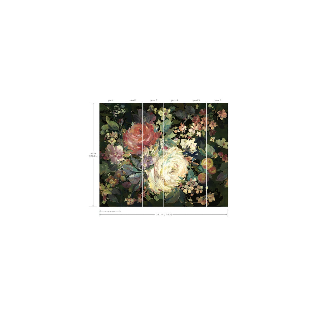 Illustration of the Impressionist Floral Wall Mural, a large, dark floral design featuring pink, white, and red flowers arranged across six labeled vertical panels, with dimensions indicated along the sides.