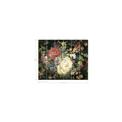 Illustration of the Impressionist Floral Wall Mural, a large, dark floral design featuring pink, white, and red flowers arranged across six labeled vertical panels, with dimensions indicated along the sides.