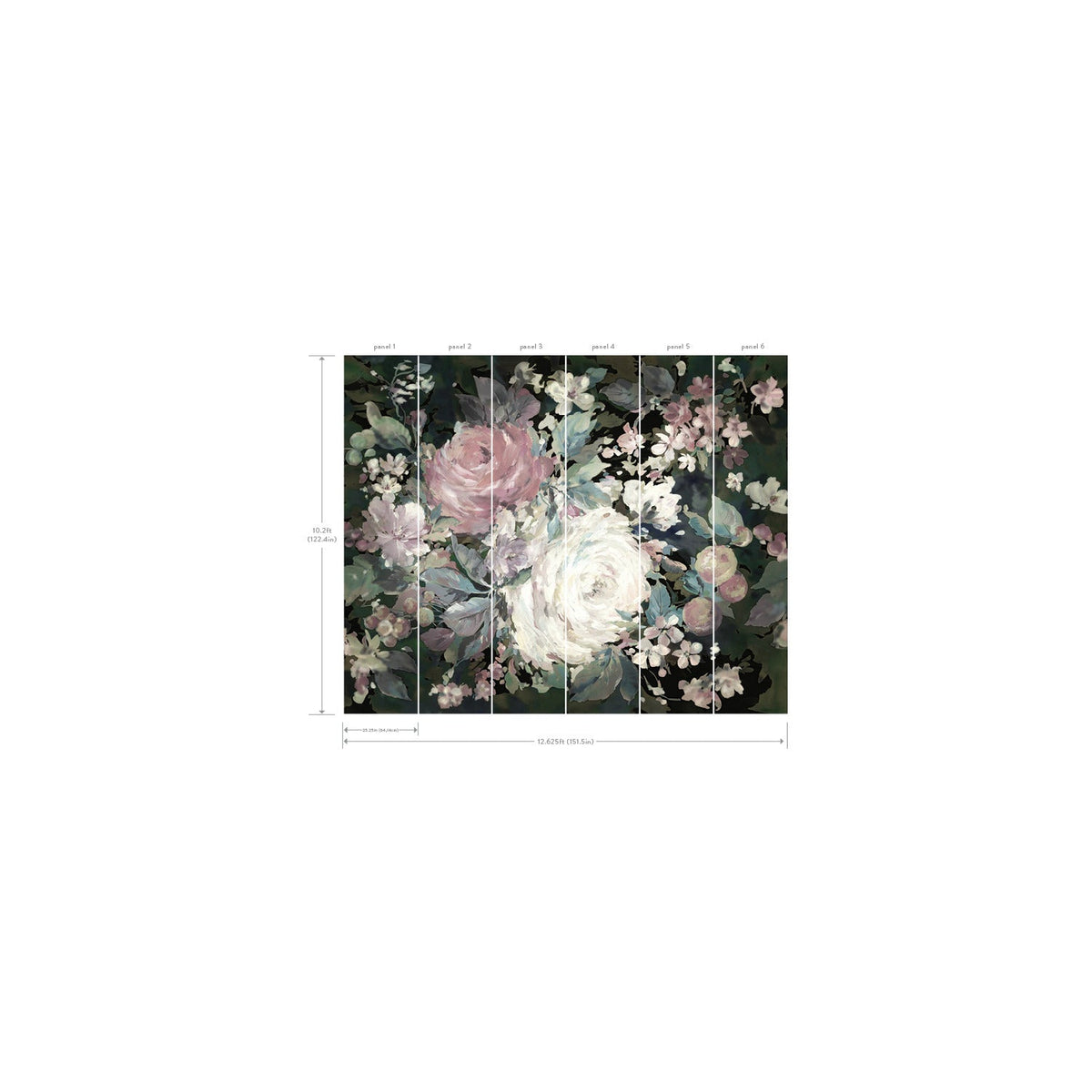 The Impressionist Floral Wall Mural features large pink and white flowers with green leaves, divided into six vertical panels. The dimensions are 10.5 feet wide by 9 feet high.