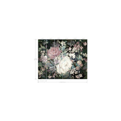 The Impressionist Floral Wall Mural features large pink and white flowers with green leaves, divided into six vertical panels. The dimensions are 10.5 feet wide by 9 feet high.
