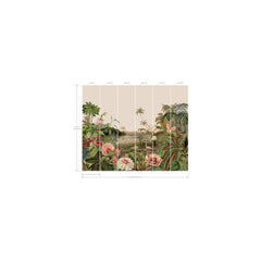 Illustration of the Floating Gardens Wall Mural by York Wallcoverings, featuring tropical plants, flowers, and a scenic landscape in the background, divided into six labeled panels with dimensions indicated below.