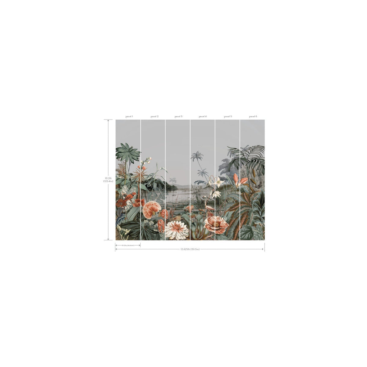 The Floating Gardens Wall Mural by York Wallcoverings features tropical plants and flowers in muted tones, presented across six labeled panels with measurement lines marking dimensions at the top and bottom.