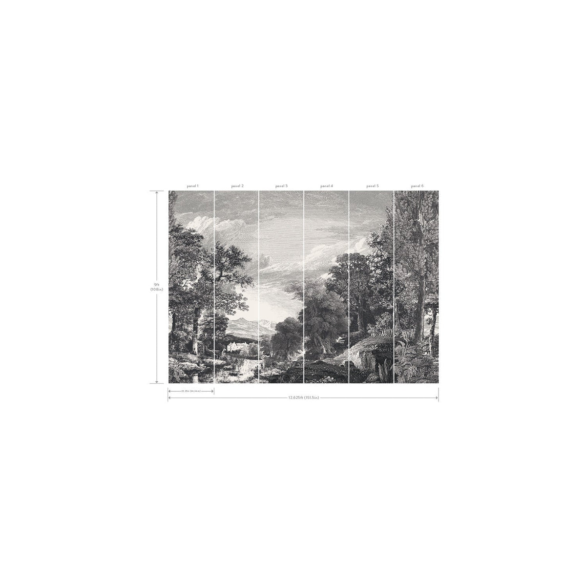 Provincial Scenic Wall Mural by York Wallcoverings features a black and white landscape illustration divided into six labeled vertical panels, with measurement lines displaying the horizontal and vertical dimensions around the image.