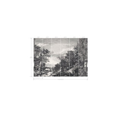 Provincial Scenic Wall Mural by York Wallcoverings features a black and white landscape illustration divided into six labeled vertical panels, with measurement lines displaying the horizontal and vertical dimensions around the image.