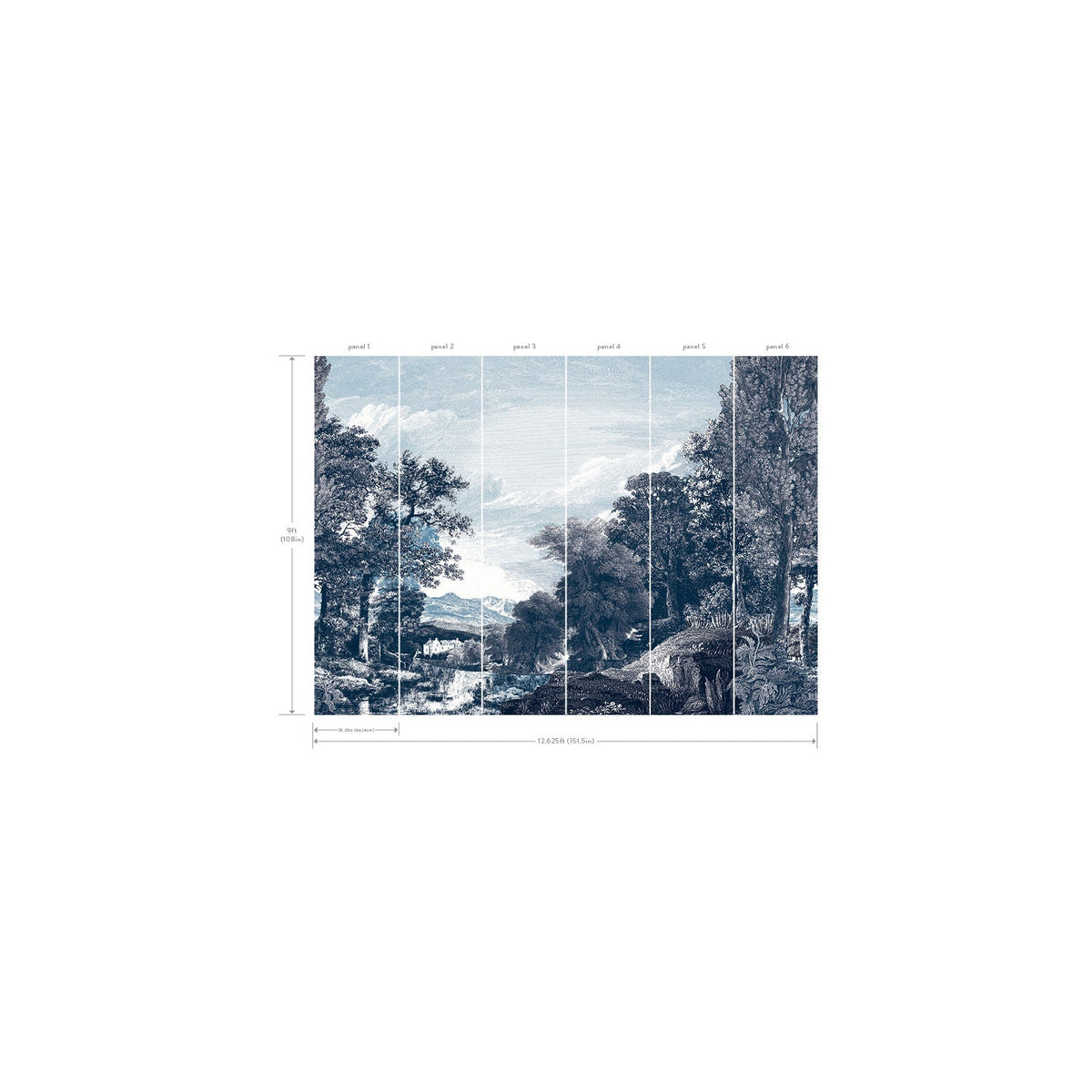 The Provincial Scenic Wall Mural by York Wallcoverings features a digitally rendered, segmented landscape with trees, sky, and a distant house. Numbered panels and measurements are labeled above and beside the mural, which showcases blue and white tones throughout.