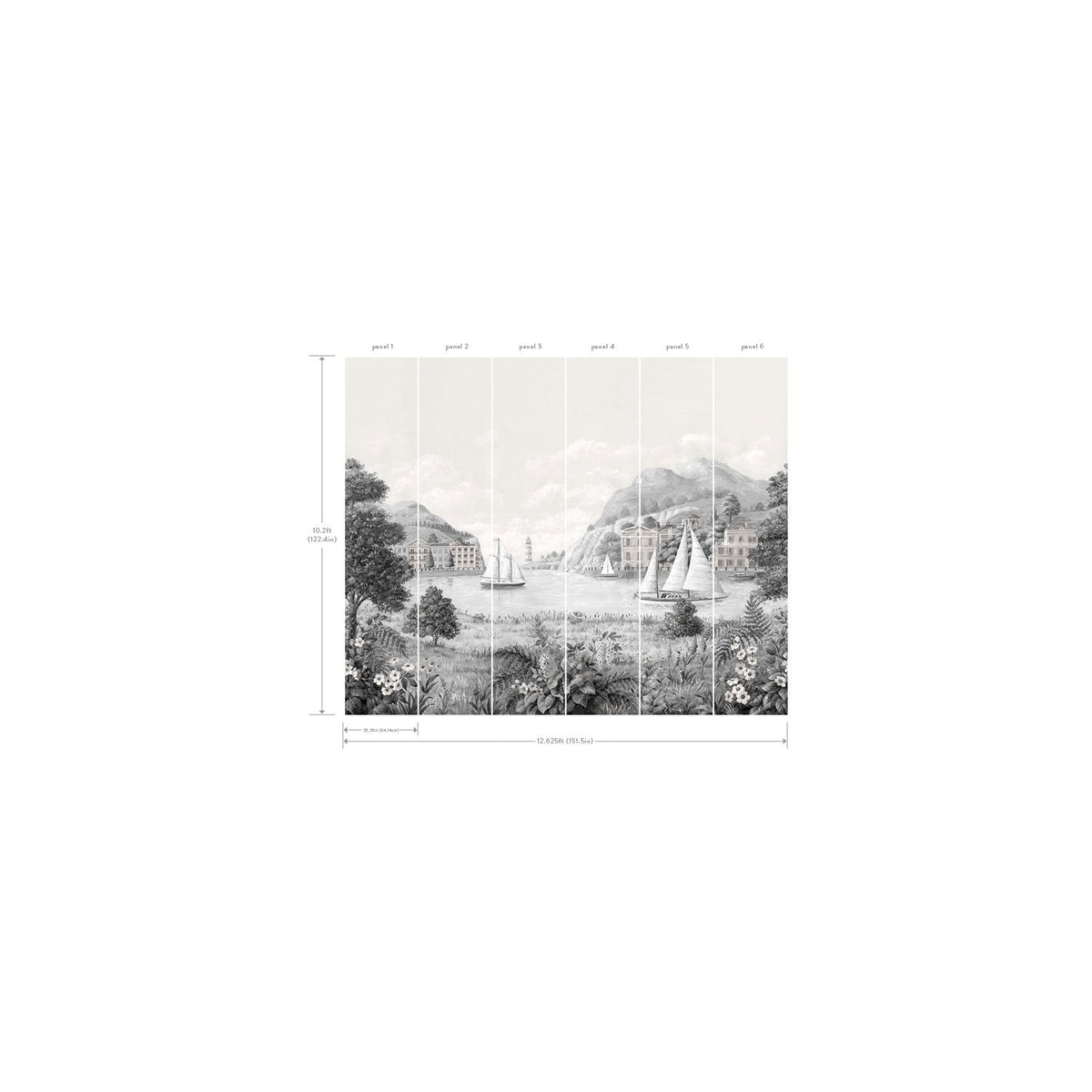 The Safe Harbor Wall Mural features a black and white design depicting sailboats on a lake, framed by mountains and buildings in the background. The artwork is divided into six labeled panels, with measurement lines displayed along the bottom and left edges.