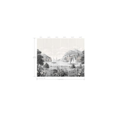 The Safe Harbor Wall Mural features a black and white design depicting sailboats on a lake, framed by mountains and buildings in the background. The artwork is divided into six labeled panels, with measurement lines displayed along the bottom and left edges.