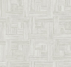 Tesselle Wallpaper in light gray featuring a repeating parquet wood grain pattern in a woven block design.