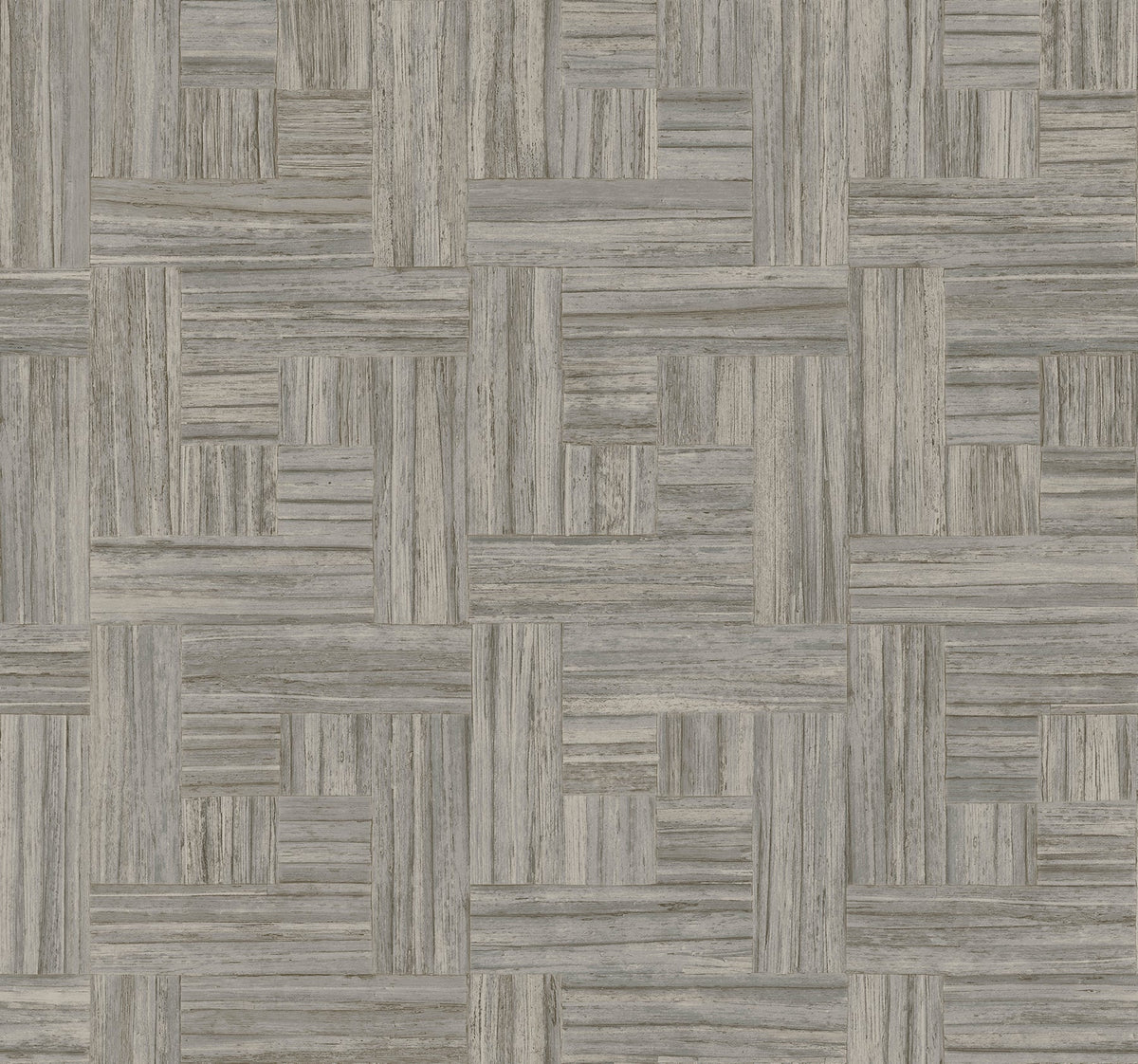 Tesselle Wallpaper featuring a geometric pattern of gray wood grain planks arranged in a basket-weave design.