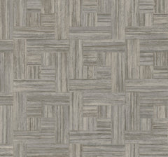 Tesselle Wallpaper featuring a grey, wood-grain pattern arranged in a geometric basketweave design.