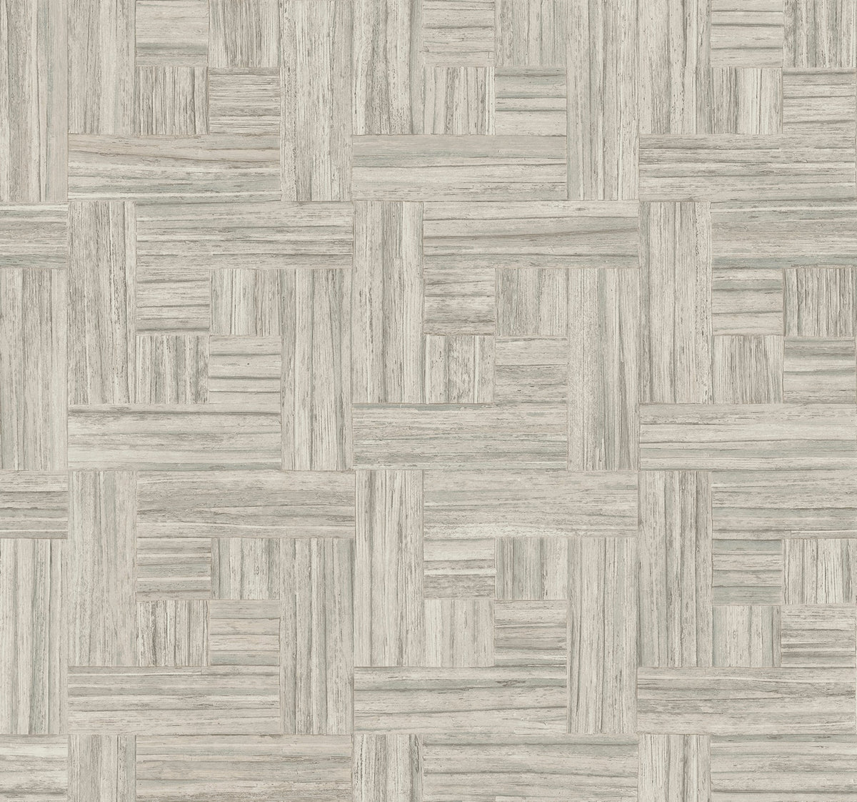 Tesselle Wallpaper in light gray featuring a geometric wood grain pattern arranged in a basket-weave style.